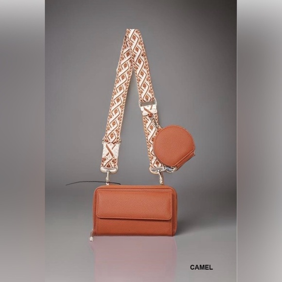 New!Camel Tan VEGAN LEATHER CROSSBODY DUO WALLET HANDBAG - Picture 2 of 7